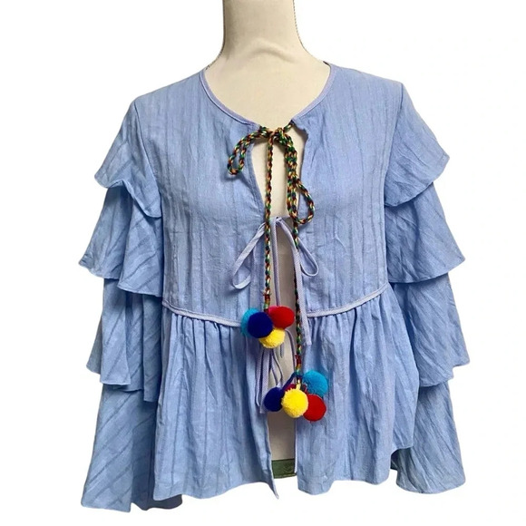 English Factory Blue Pom Pom Tie Top Tiered Sleeve Blouse Size Small - Picture 4 of 16